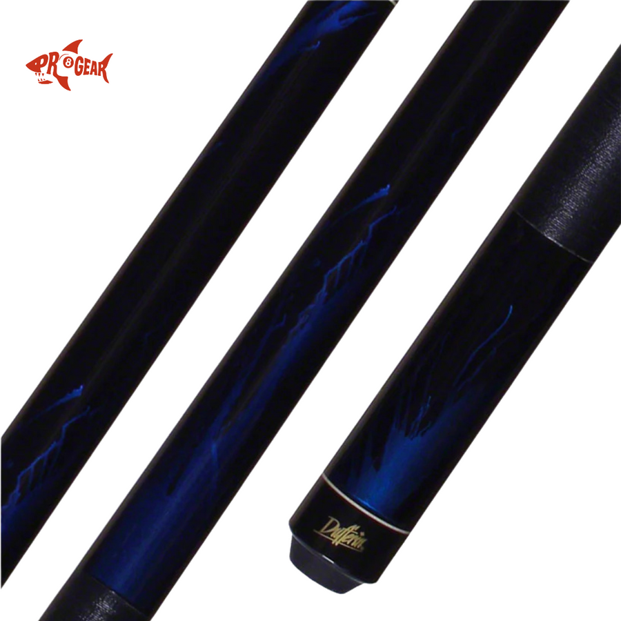 Close-up of blue and black pool cue shaft and butt with Pro Gear and Dufferin logos