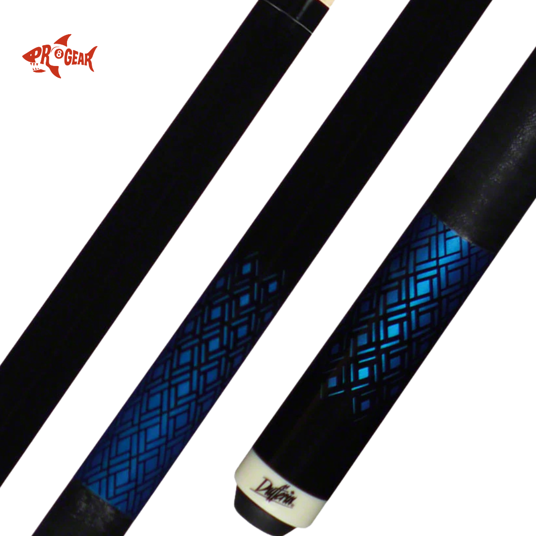 Dufferin billiard cue with black and blue patterned grip and white Dufferin logo end cap
