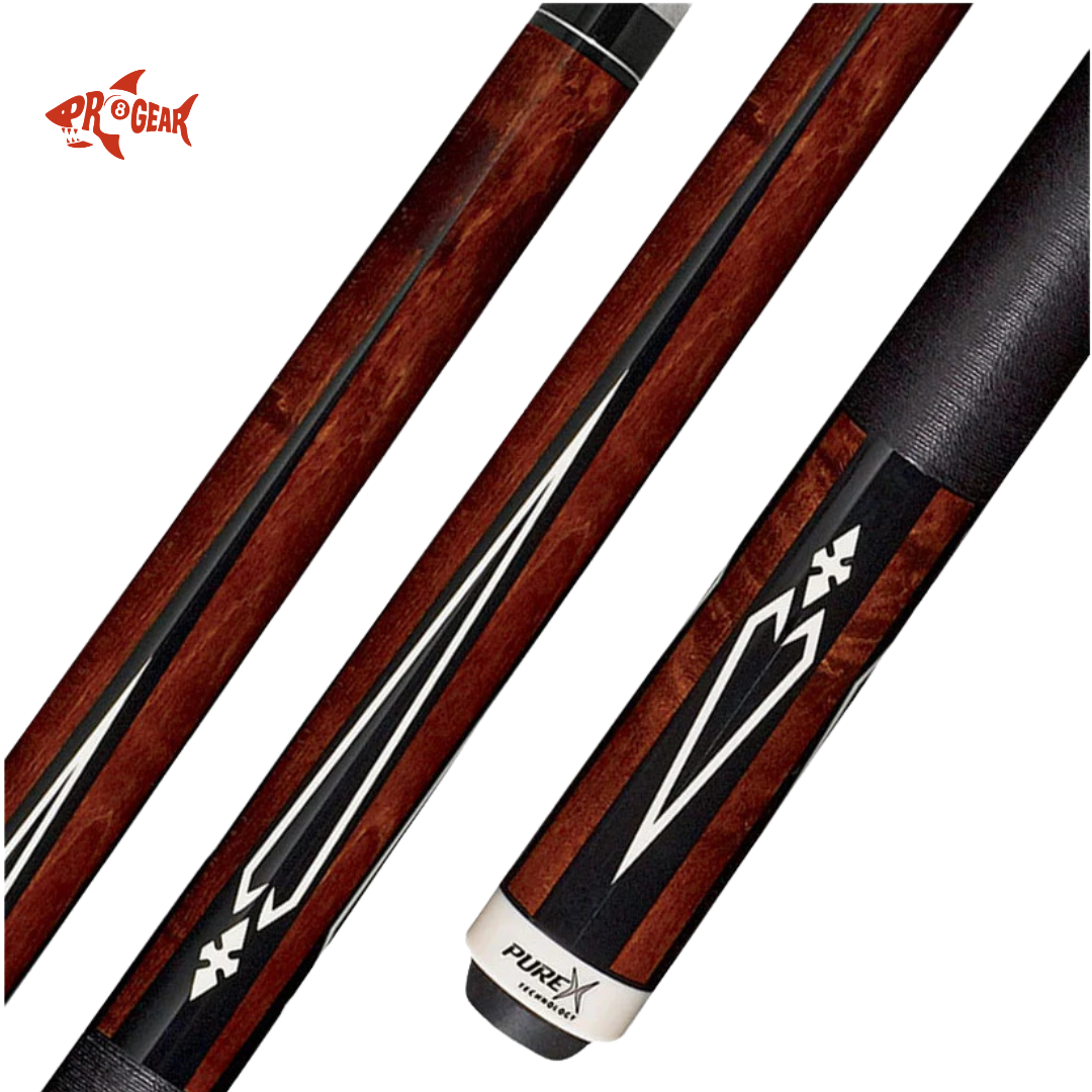 Close-up of brown and black Pure X pool cue with geometric inlay design, Pro Gear logo visible