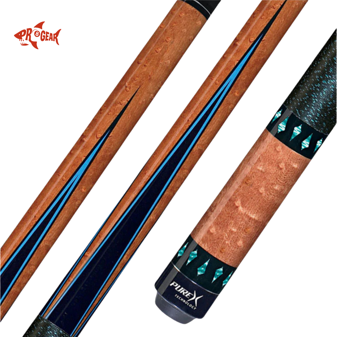 Close-up of wooden pool cue with blue inlay and PureX technology branding on handle