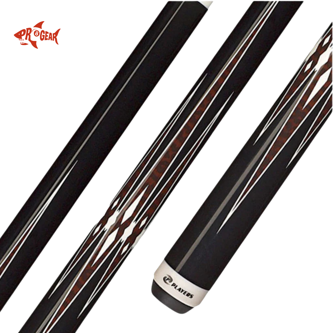 Black and brown Pro Gear Players pool cue with intricate geometric inlay design and white ring detail
