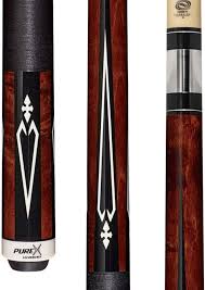 Close-up of PureX luxury billiard cue with distinctive black, white, and rich brown wood design
