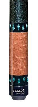 Close-up of a PureX pool cue with textured brown grip and black shaft decorated with turquoise diamond inlays