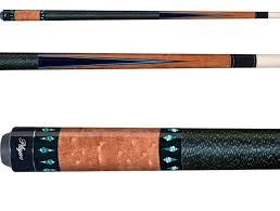Close-up of a stylish pool cue with wood and black grip featuring turquoise diamond accents