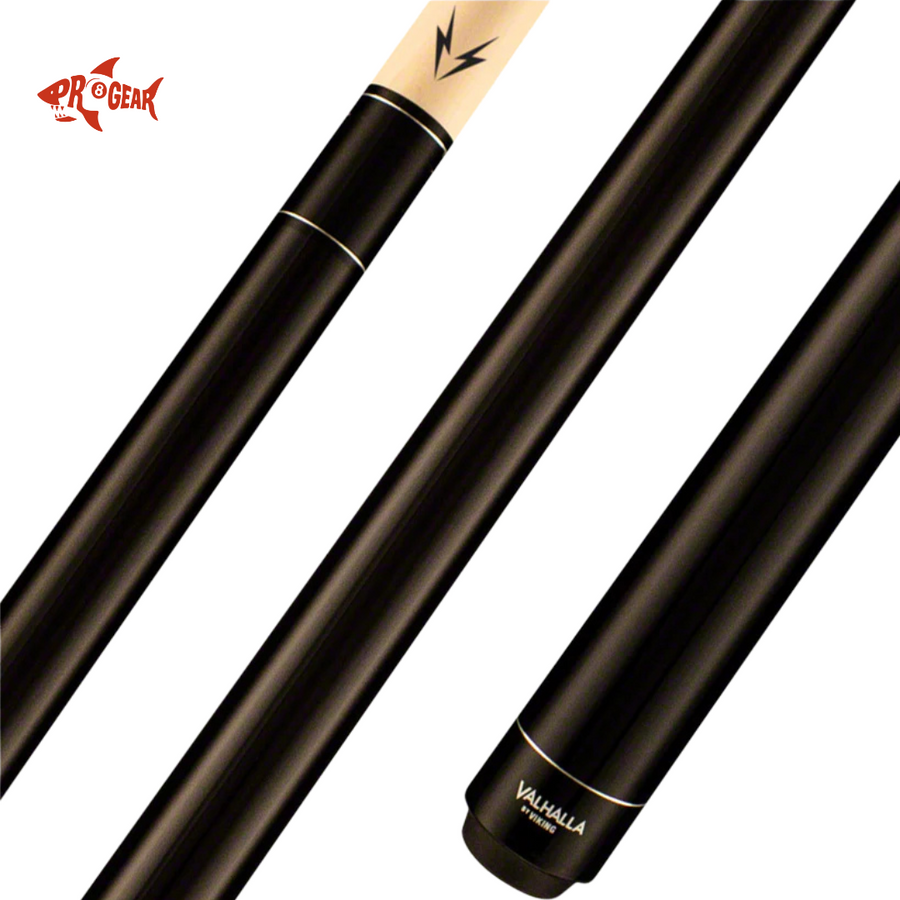 Close-up of a black Valhalla Viking pool cue with a lightning bolt design and Pro Gear logo