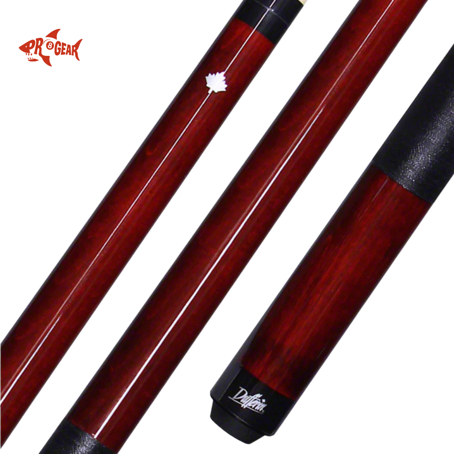 Close-up of dark red maple wood pool cues with black leather grips and Pro Gear logo
