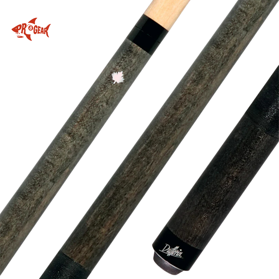 Close-up of black and natural wood pool cue stick with maple leaf logo and signature branding