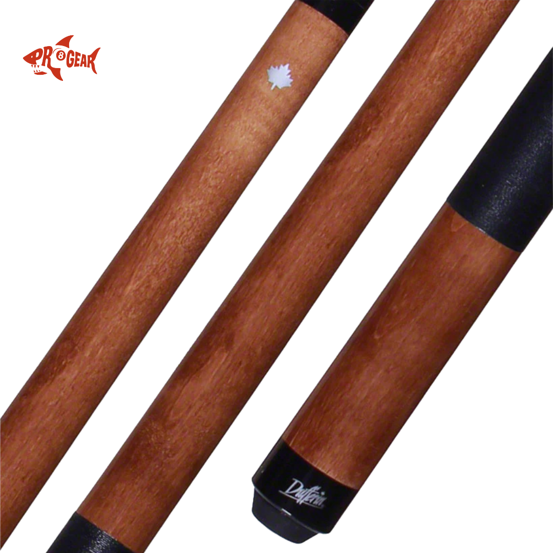Close-up of natural wood pool cue with black leather wrap and maple leaf logo, Pro Gear branding