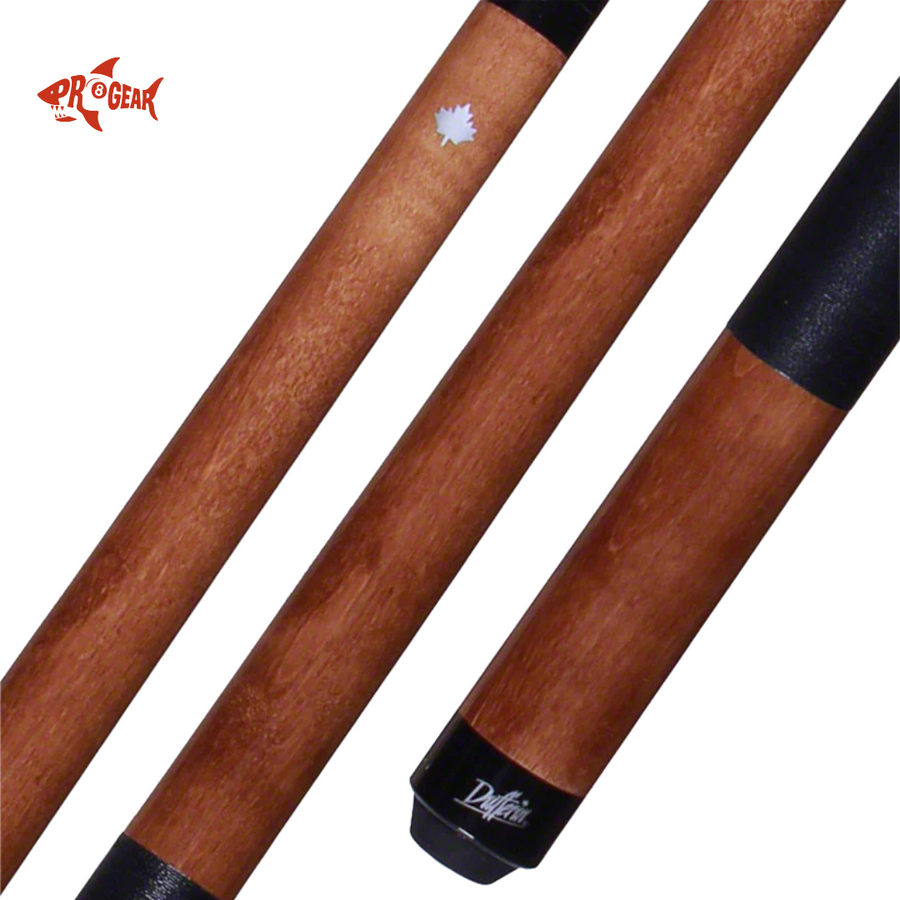 Close-up of natural wood pool cue with black leather wrap and maple leaf logo, Pro Gear branding