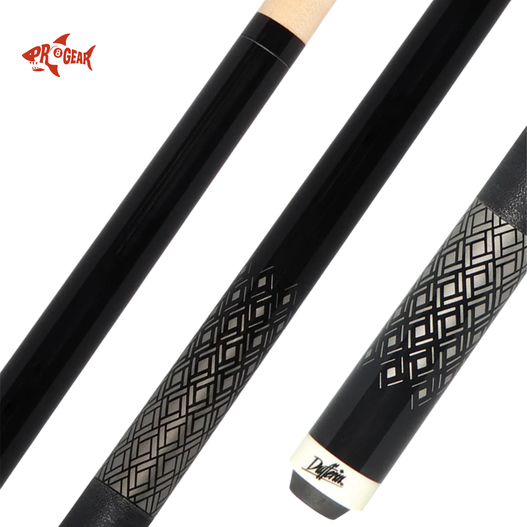Dufferin black pool cue with geometric grip pattern and light wood tip detail