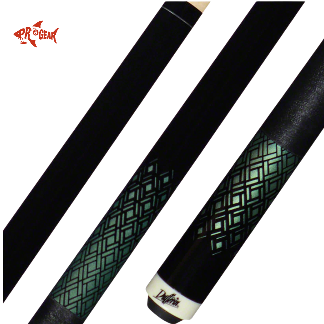 Black and green billiard cue stick with geometric pattern and Pro Gear logo