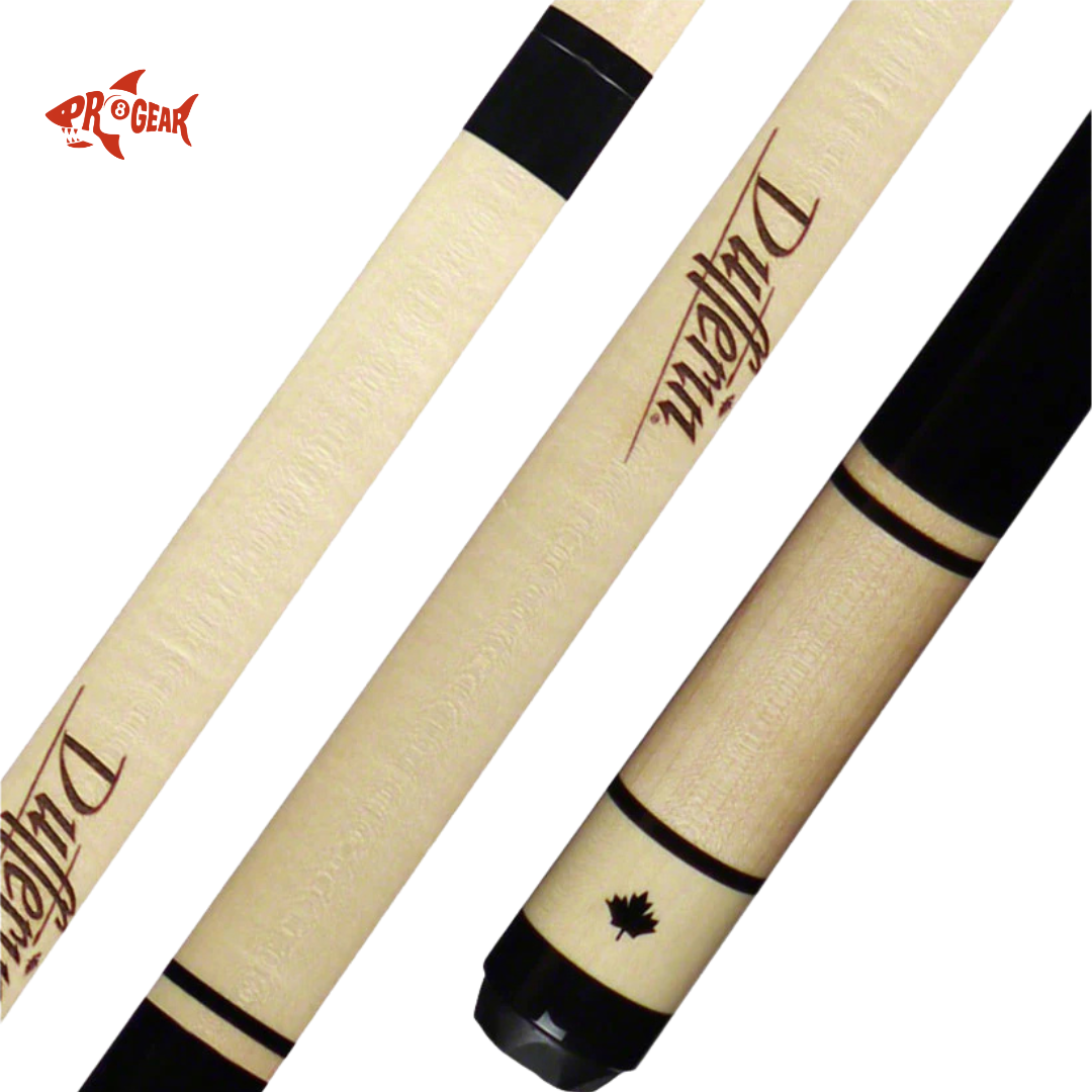 Light wood pool cue with black accents, Pro Gear logo, Duplechin branding, and maple leaf symbol