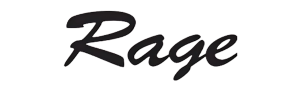 Black handwritten cursive text spelling the word Rage on a white background
