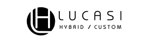 Lucas branded black and white logo with circular icon and hybrid custom text