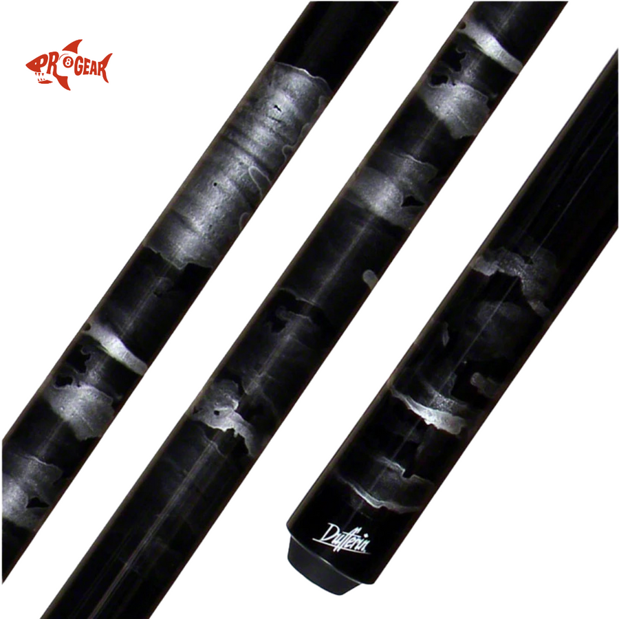 Three black and silver patterned billiard cues with Dufferni branding and Pro Gear logo
