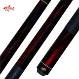 Black and red pool cue sticks with intricate flame-like design and Pro Gear logo