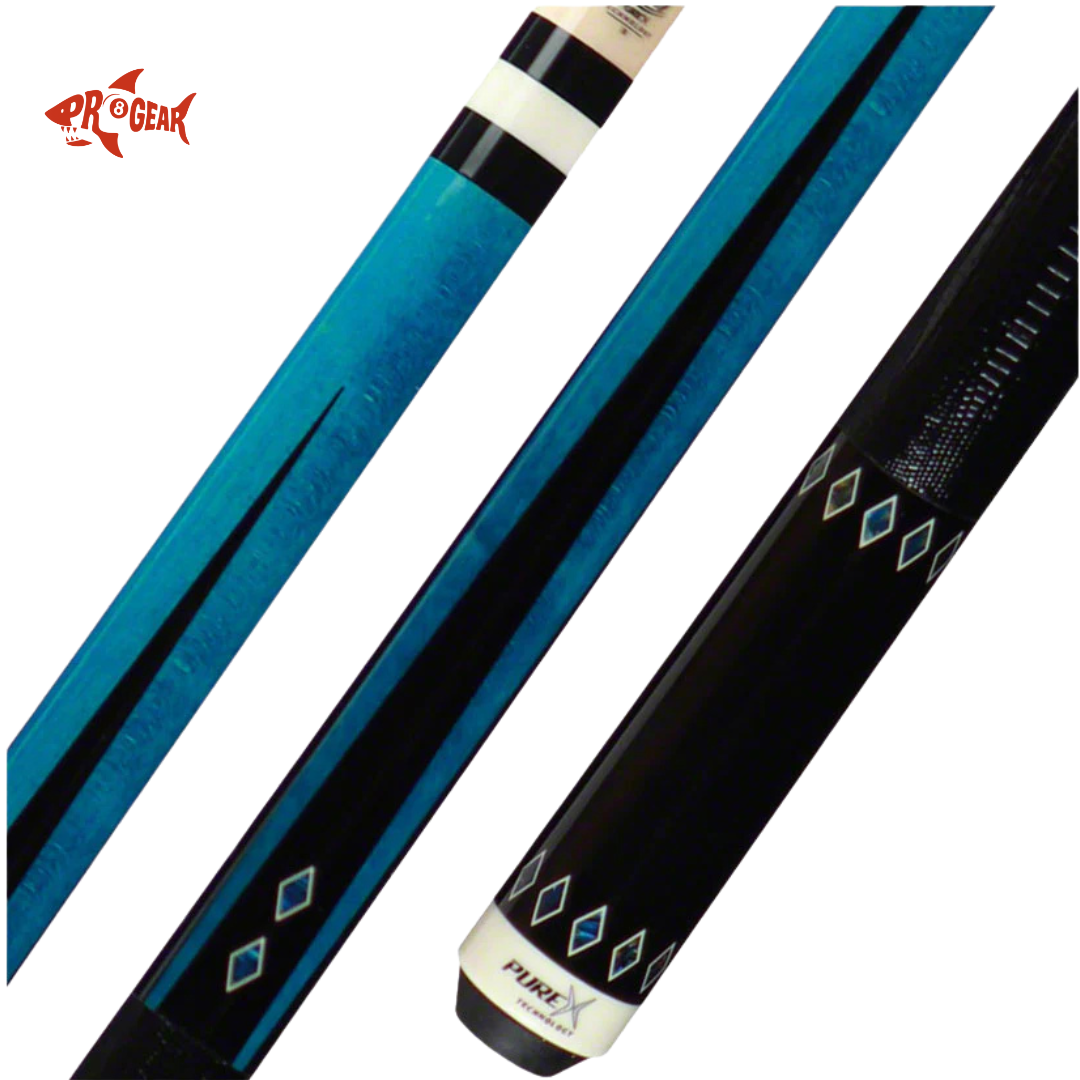 Blue and black Pro Gear Pure X billiard pool cue with white and black striped joint and diamond accents