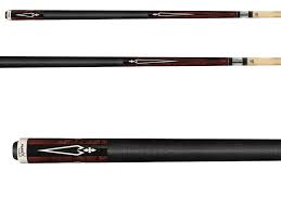 Two-piece dark wood pool cue with black grip and intricate white inlay design, isolated on white