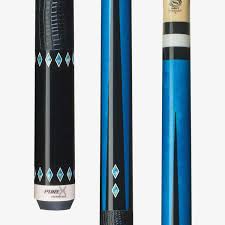 Black and blue pool cue sticks with diamond-shaped inlays and branded markings