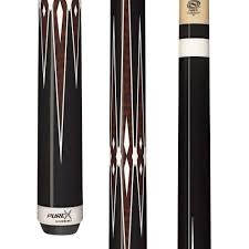 Close-up of Pure HXT4 black billiard cue with white and brown diamond-shaped inlays and branded logo