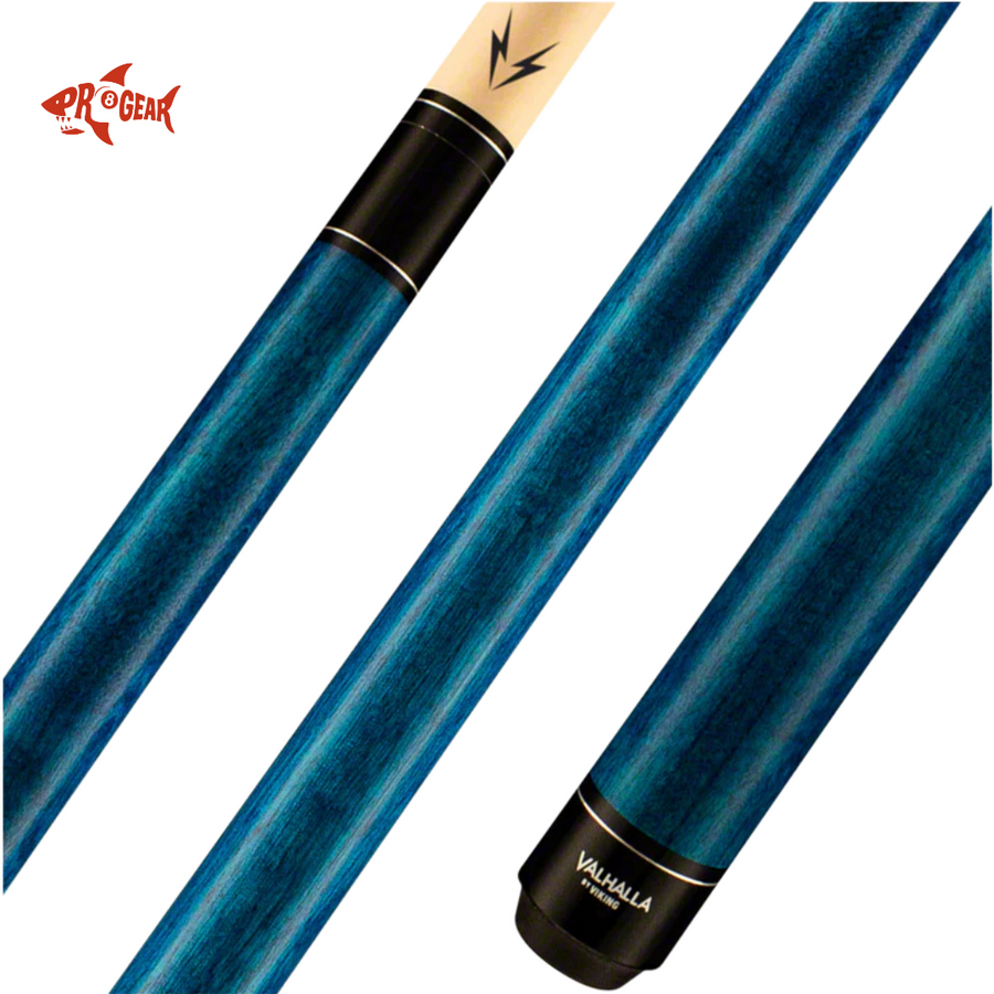 Blue and black Valhalla Viking pool cue with Pro Gear logo and lightning design on white background