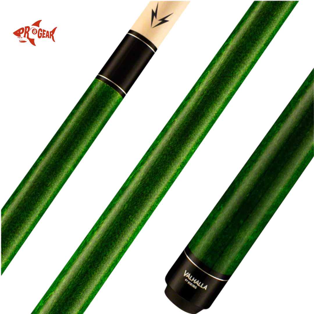 Green Valhalla Viking billiard cue with black accents and Pro Gear shark logo on white background