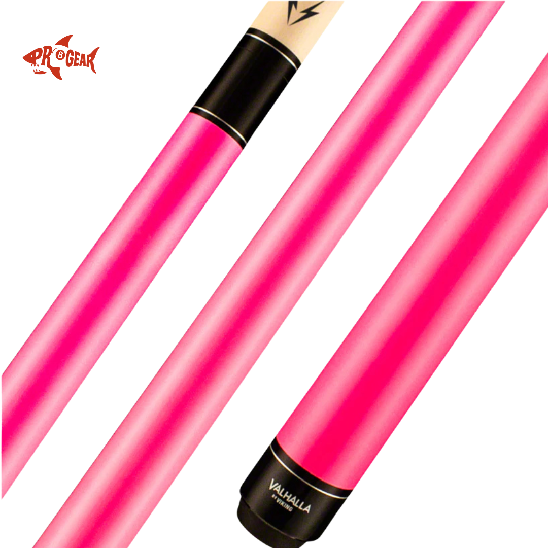 Close-up of pink Valhalla Viking pool cue with black and gold accents and Pro Gear shark logo