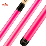 Close-up of pink Valhalla Viking pool cue with black and gold accents and Pro Gear shark logo