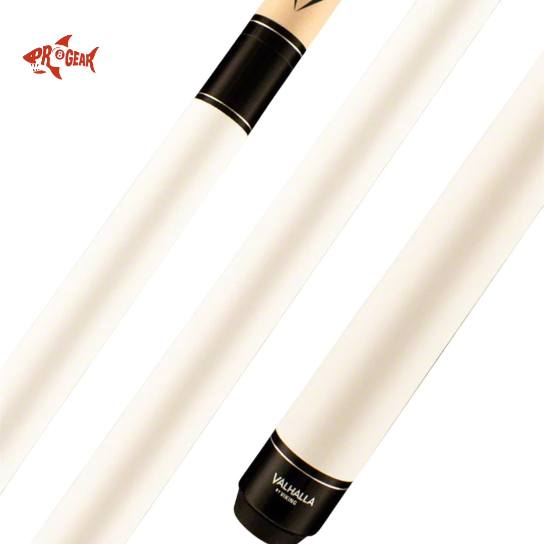 Close-up of white and black Valhalla Viking pool cue with Pro Gear logo on white background
