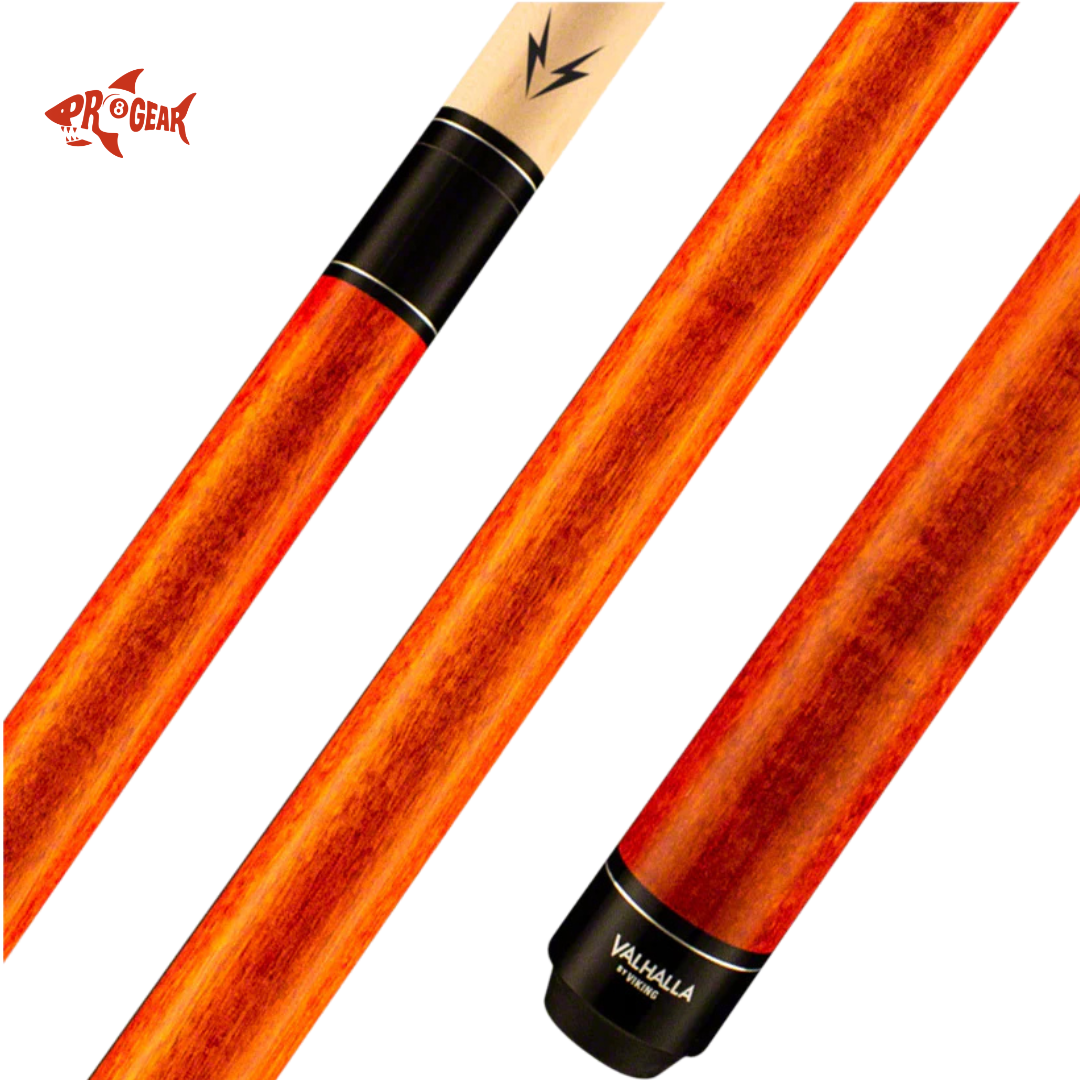 Pro Gear Valhalla Viking pool cue with orange-brown wood and black accents