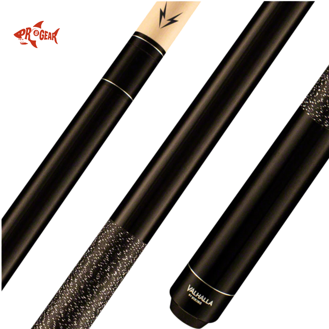 Black Valhalla Viking cue pool sticks with textured grips and lightning bolt detail