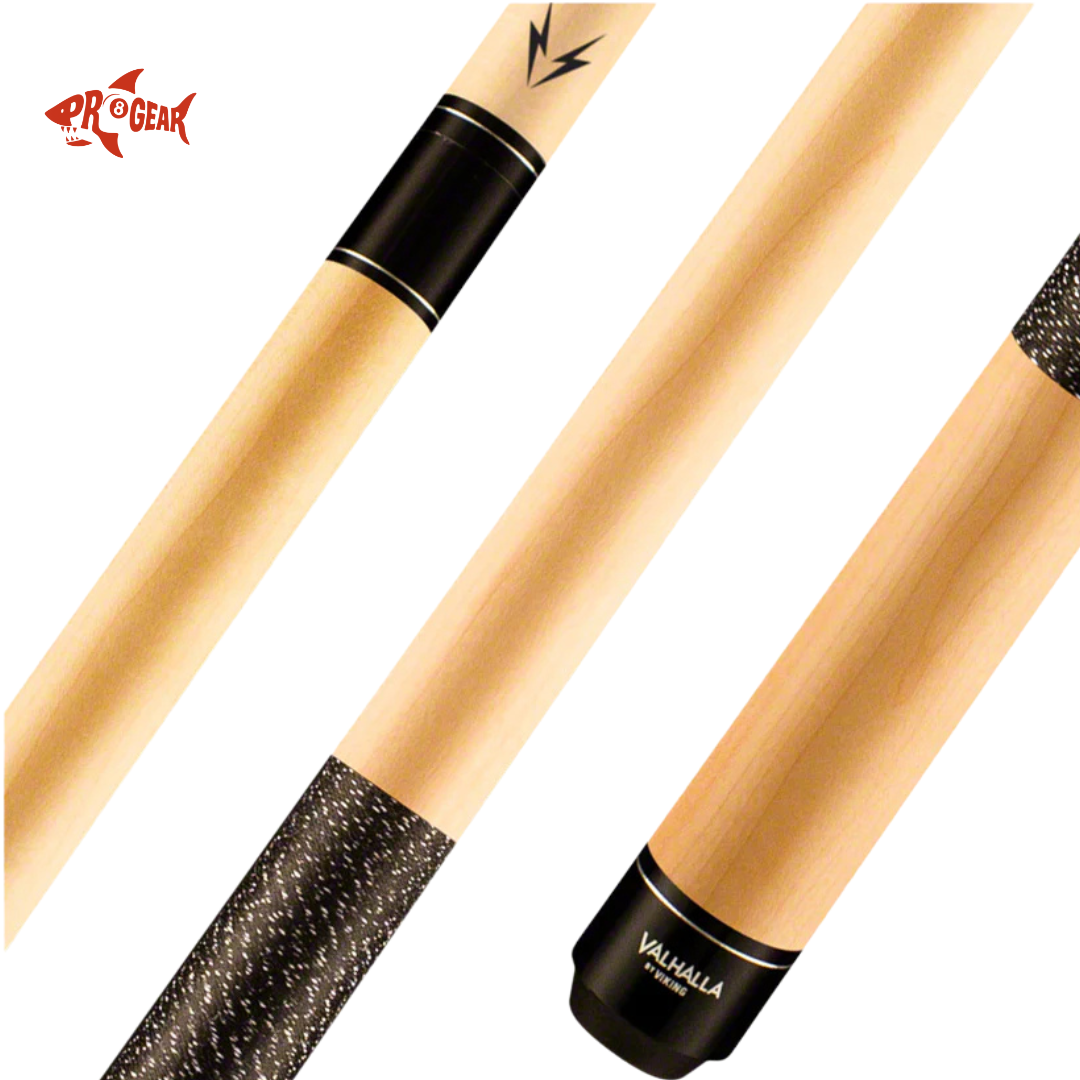 Close-up of Valhalla by Viking pro pool cue with light wood finish, black wrap, and logo on white background