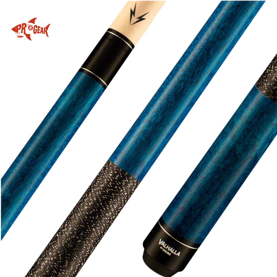 Blue and black Valhalla Viking branded pool cue with textured grip and lightning bolt detail