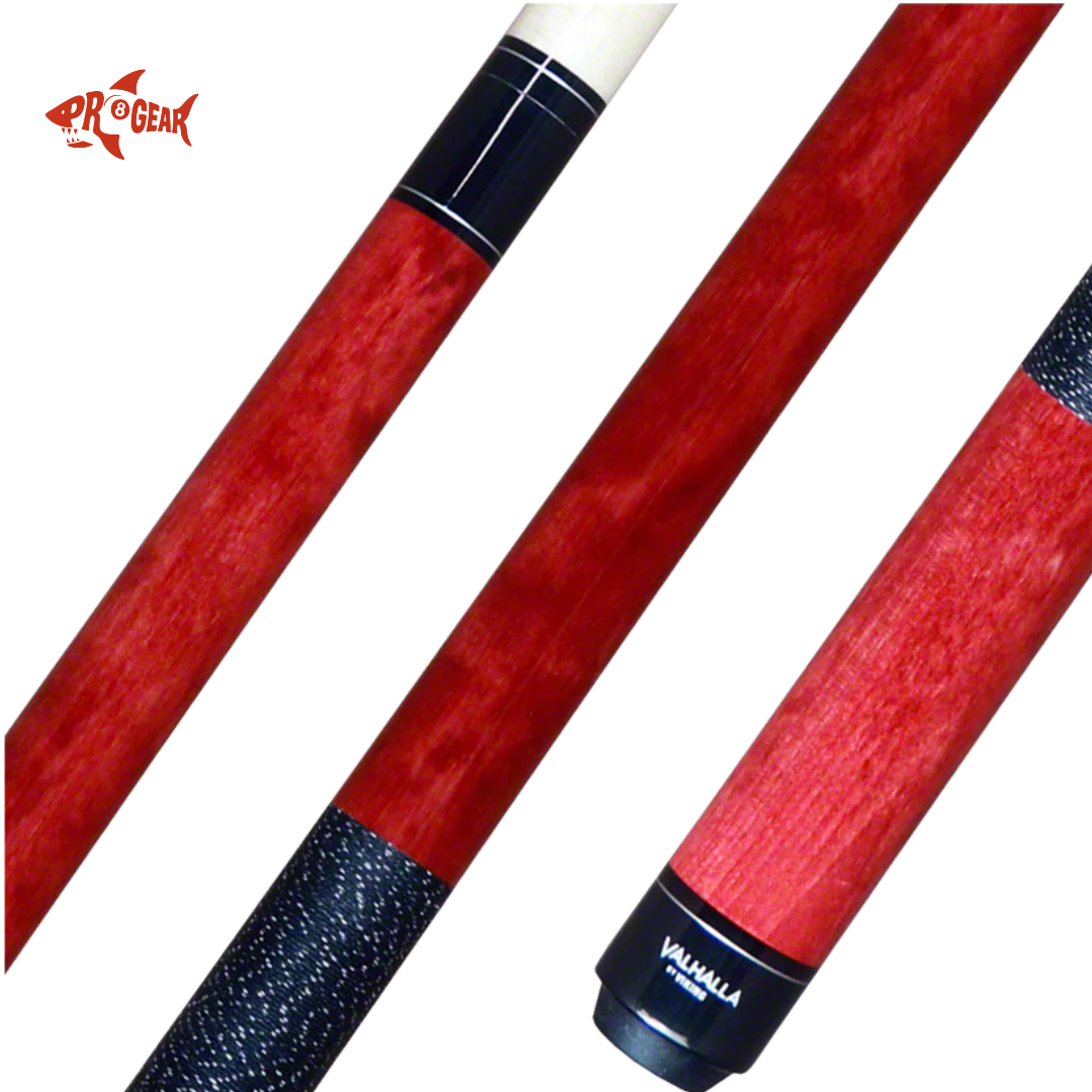 Close-up of red pool cue sticks with black grip and white tip, branded Valhalla by Viking
