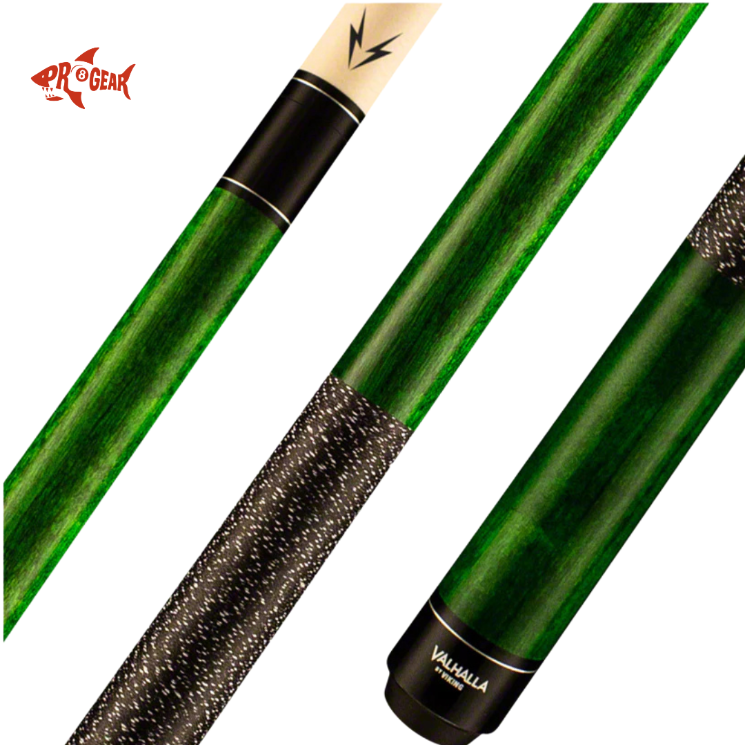Green Valhalla Viking pool cue with black wrap and Pro Gear red shark logo on white background