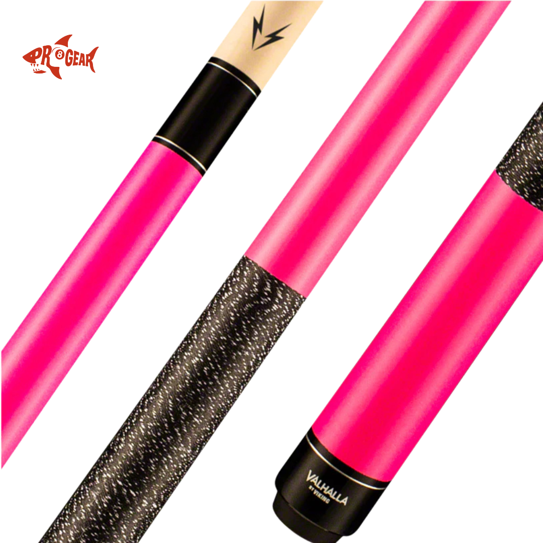Close-up of vibrant pink billiard cue with black textured grip and Valhalla logo