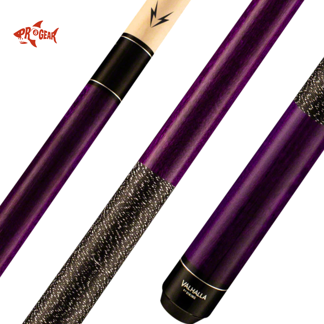 Purple Valhalla Viking billiard pool cue with black grip and white shaft tip by Pro 8 Gear