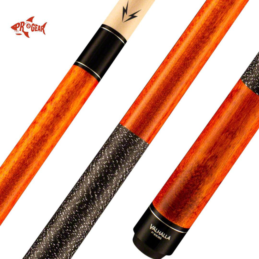Pro Gear Valhalla Viking orange and black pool cue with detailed shaft and grip