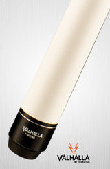 Close-up of Valhalla VA108 billiard cue with black butt and cream shaft on white background