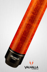 Close-up of Valhalla VA109 pool cue with rich wood grain and black handle on white background
