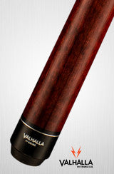 Close-up of Valhalla VA110 pool cue shaft showing polished dark wood and logo