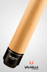 Close-up of Valhalla VA112 natural wood billiard cue with black wrapped butt and logo