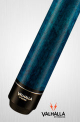 Valhalla VA113 blue pool cue with black and gold accents, displayed against a white background