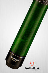 Close-up of Valhalla VA115 green pool cue with black collar and Valhalla logo