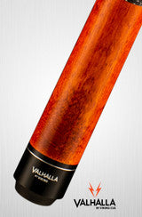 Close-up of Valhalla VA119 billiard cue with rich wood grain and black butt cap