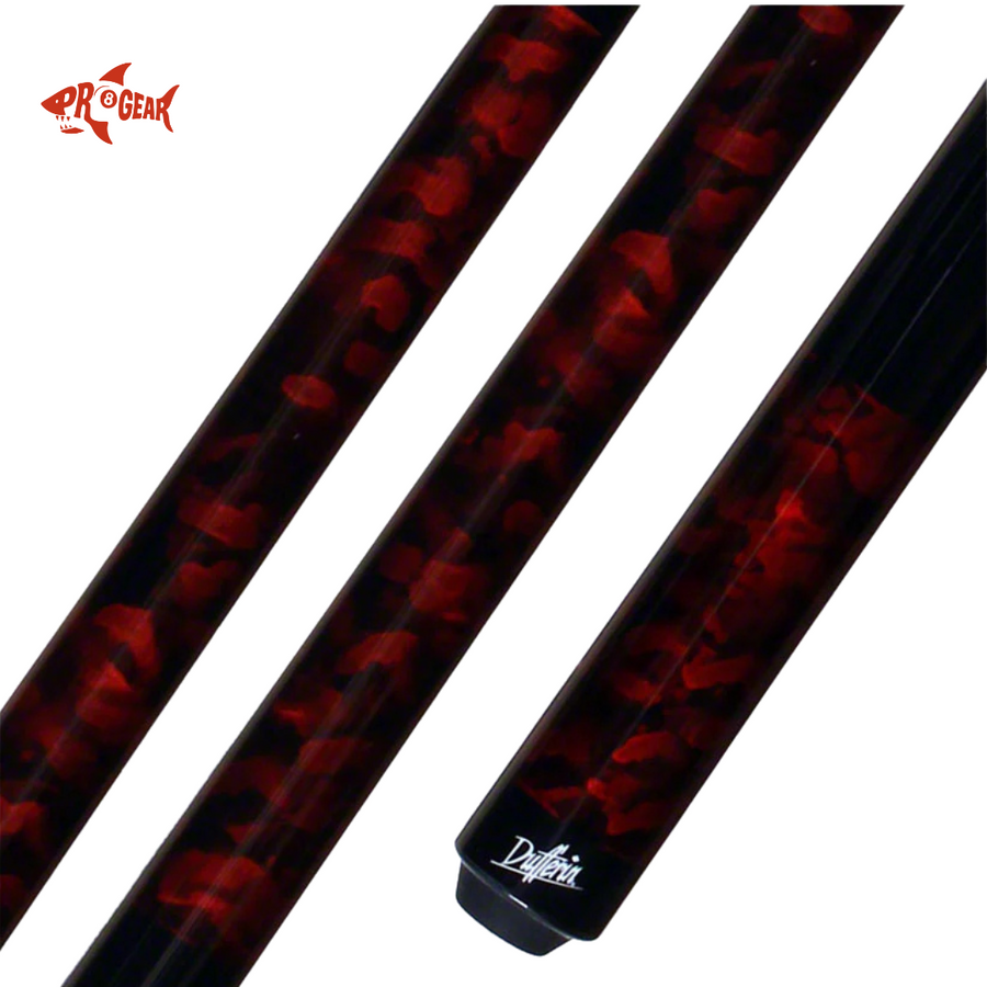 Close-up of a red and black camo-patterned Pro 8 Gear cue stick with Dufferin branding on white background