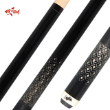 Dufferin black pool cue with geometric grip pattern and light wood tip detail
